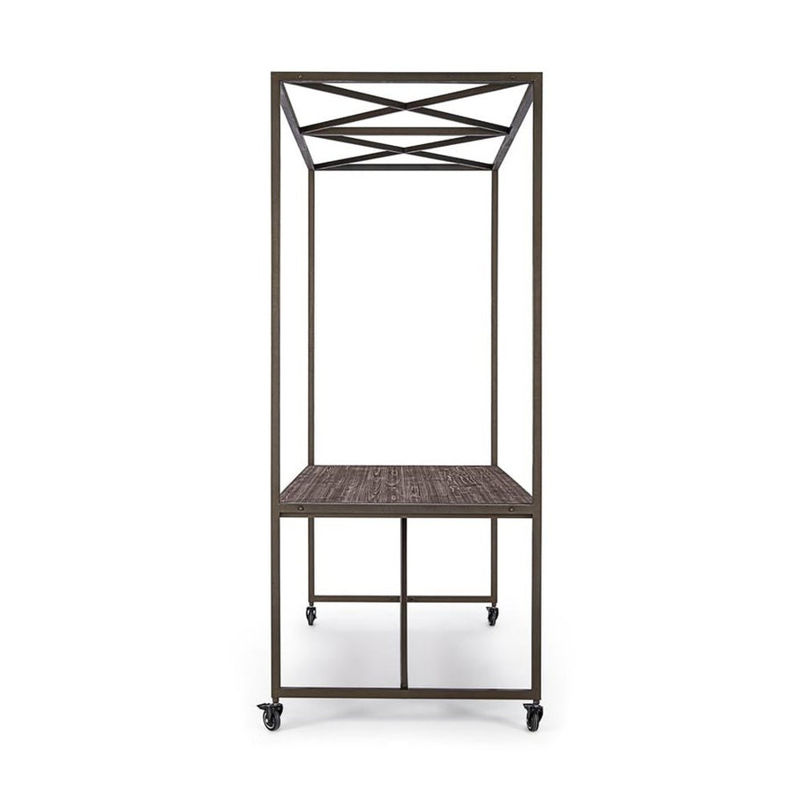 Industrial stílusú kiállítóasztal fémvázzal és jegenyefenyő asztallappal. A bútor négy lefékezhető gumikerékkel rendelkezik.