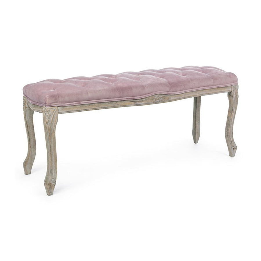 Koloniál stílusú, nyírfából és kaucsukfából készült, mályva színű, bársonyhatású textíliával kárpitozott kézműves ülőpad.