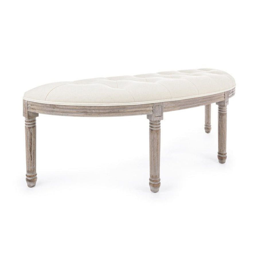 Koloniál stílusú, nyírfából és kaucsukfából készült, bézs színű, bársonyhatású textíliával kárpitozott kézműves ülőpad.