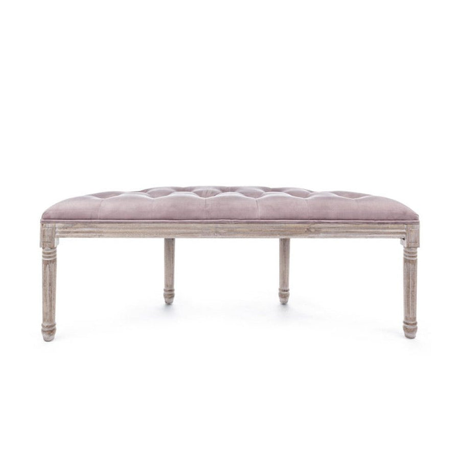 Koloniál stílusú, nyírfából és kaucsukfából készült, bézs színű, bársonyhatású textíliával kárpitozott kézműves ülőpad.