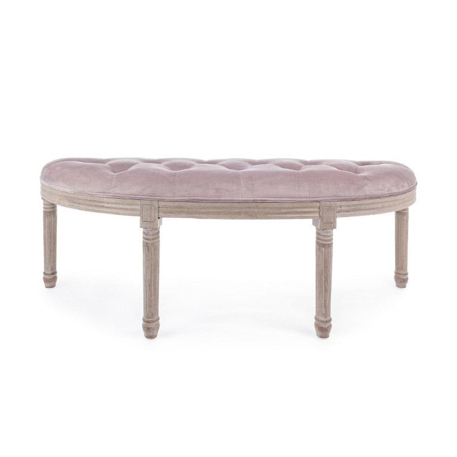 Koloniál stílusú, nyírfából és kaucsukfából készült, bézs színű, bársonyhatású textíliával kárpitozott kézműves ülőpad.