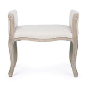 Koloniál stílusú, kaucsukfából készült, fehér színű textillel kárpitozott ülőpad karfával.