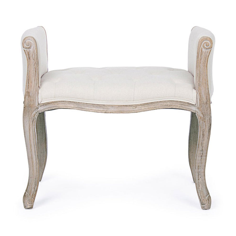 Koloniál stílusú, kaucsukfából készült, fehér színű textillel kárpitozott ülőpad karfával.