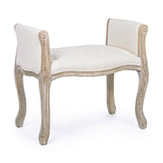 Koloniál stílusú, kaucsukfából készült, fehér színű textillel kárpitozott ülőpad karfával.