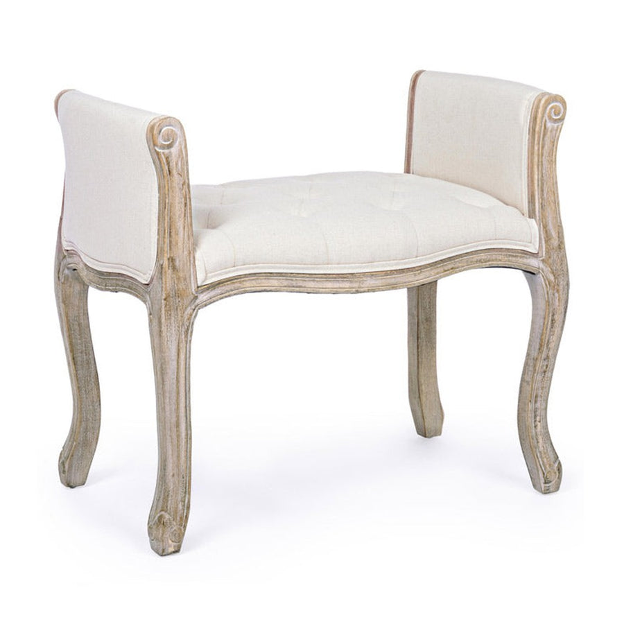 Koloniál stílusú, kaucsukfából készült, fehér színű textillel kárpitozott ülőpad karfával.