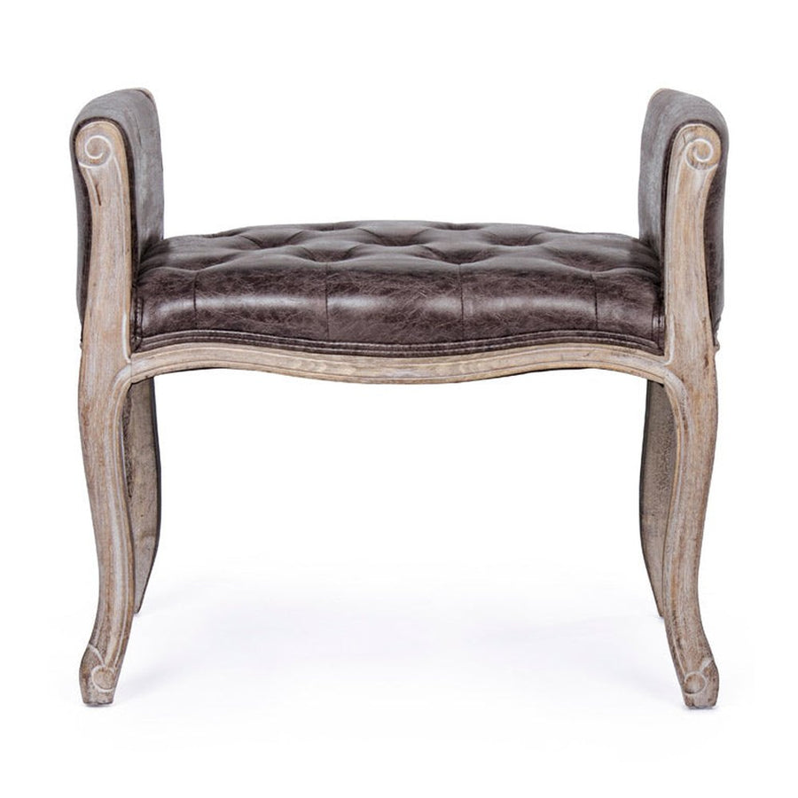 Koloniál stílusú, kaucsukfából készült, fekete műbőrrel kárpitozott ülőpad karfával.