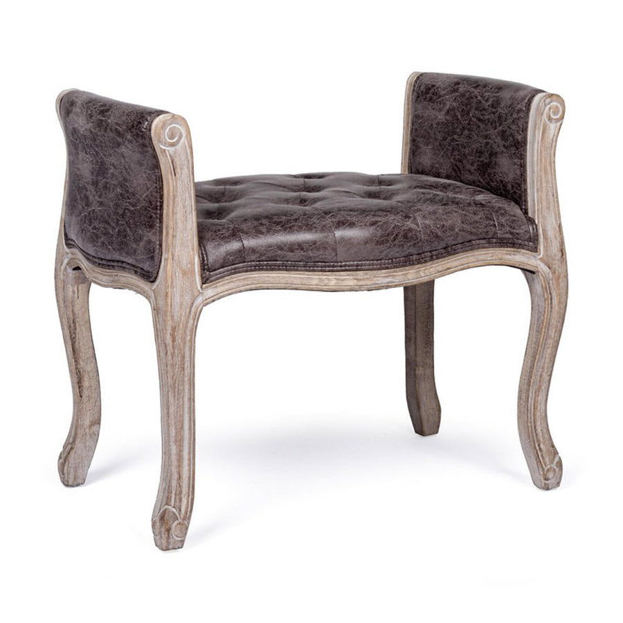 Koloniál stílusú, kaucsukfából készült, fekete műbőrrel kárpitozott ülőpad karfával.