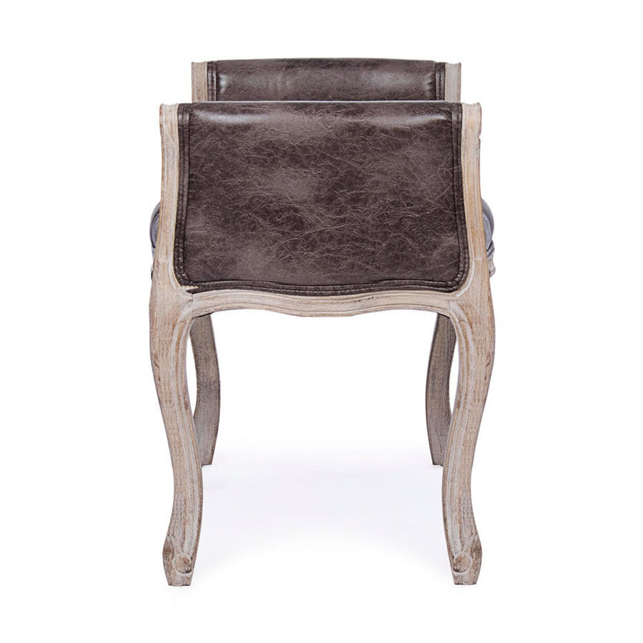 Koloniál stílusú, kaucsukfából készült, fekete műbőrrel kárpitozott ülőpad karfával.