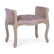 Koloniál stílusú, kaucsukfából készült, mályva színű textillel kárpitozott ülőpad karfával.