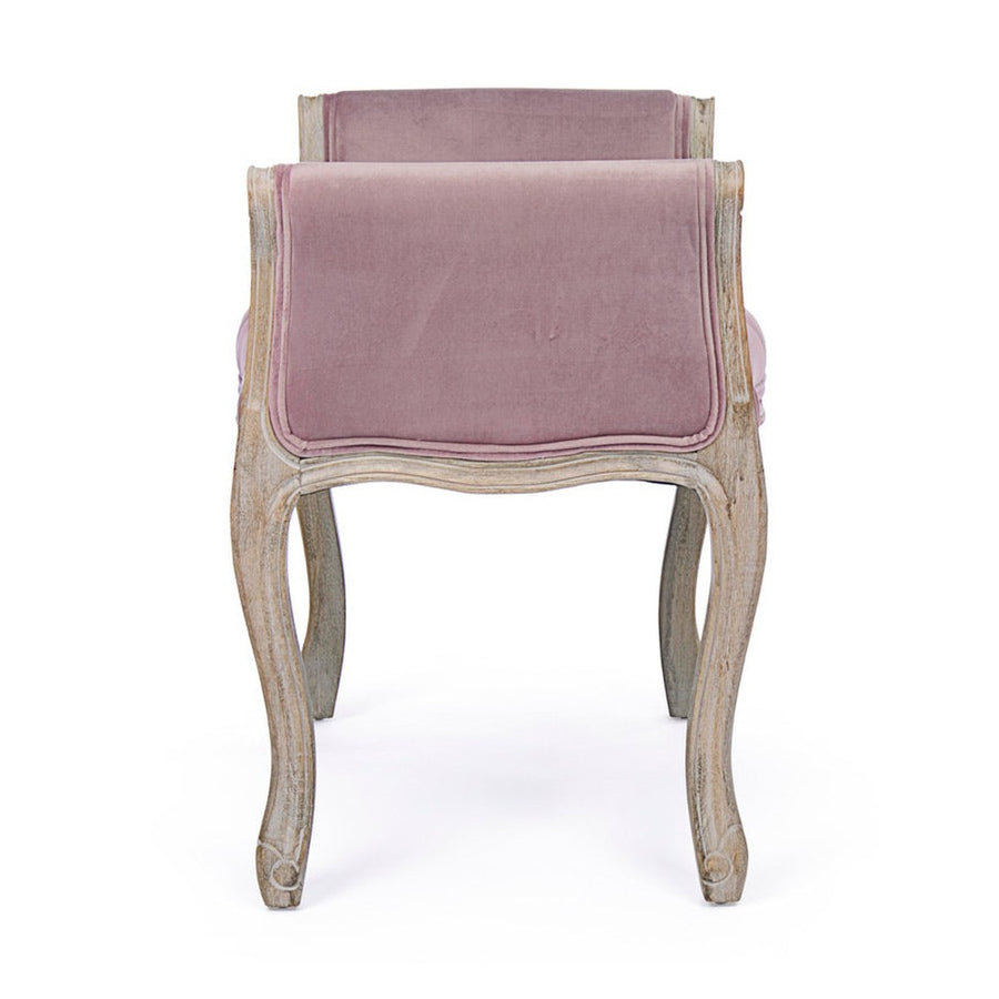 Koloniál stílusú, kaucsukfából készült, mályva színű textillel kárpitozott ülőpad karfával.