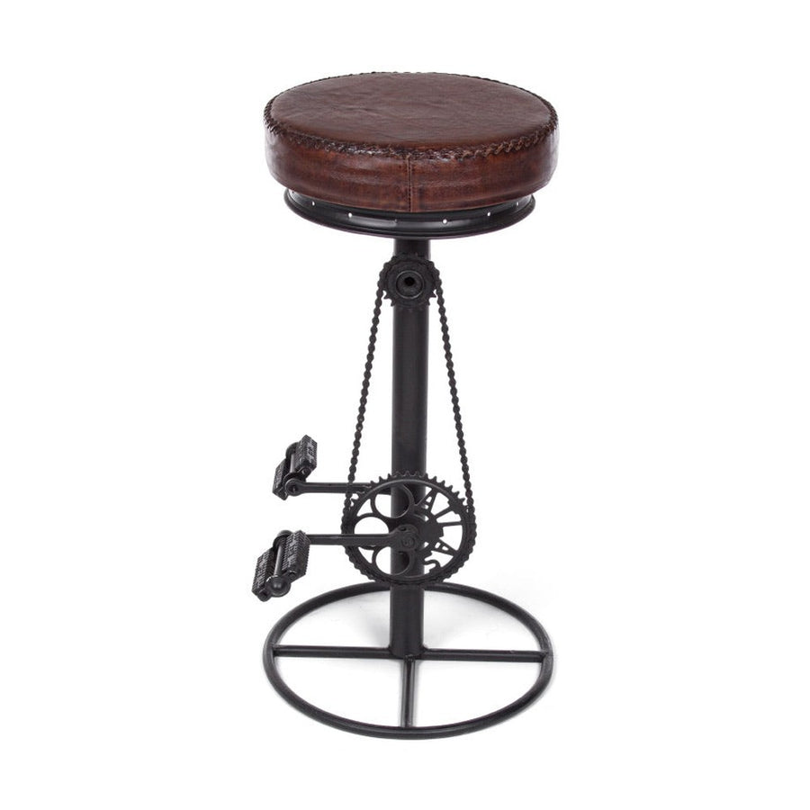 Ipari stílusú, fekete színű, fémből készült pedálos bárszék bőr ülőfelülettel.