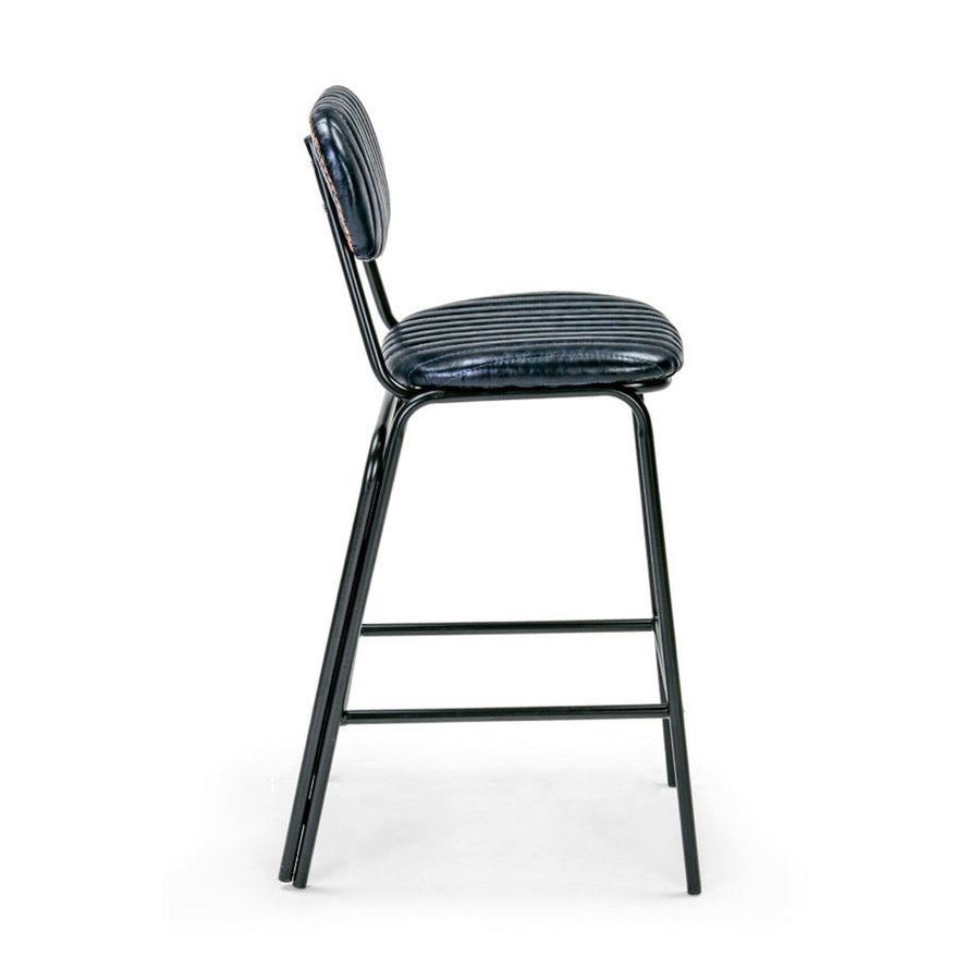 Vintage stílusú, fekete színű acélból készült bárszék sötétkék műbőr ülőfelülettel és háttámlával.