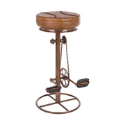 Ipari stílusú, bronz színű, fémből készült pedálos bárszék bőr ülőfelülettel.