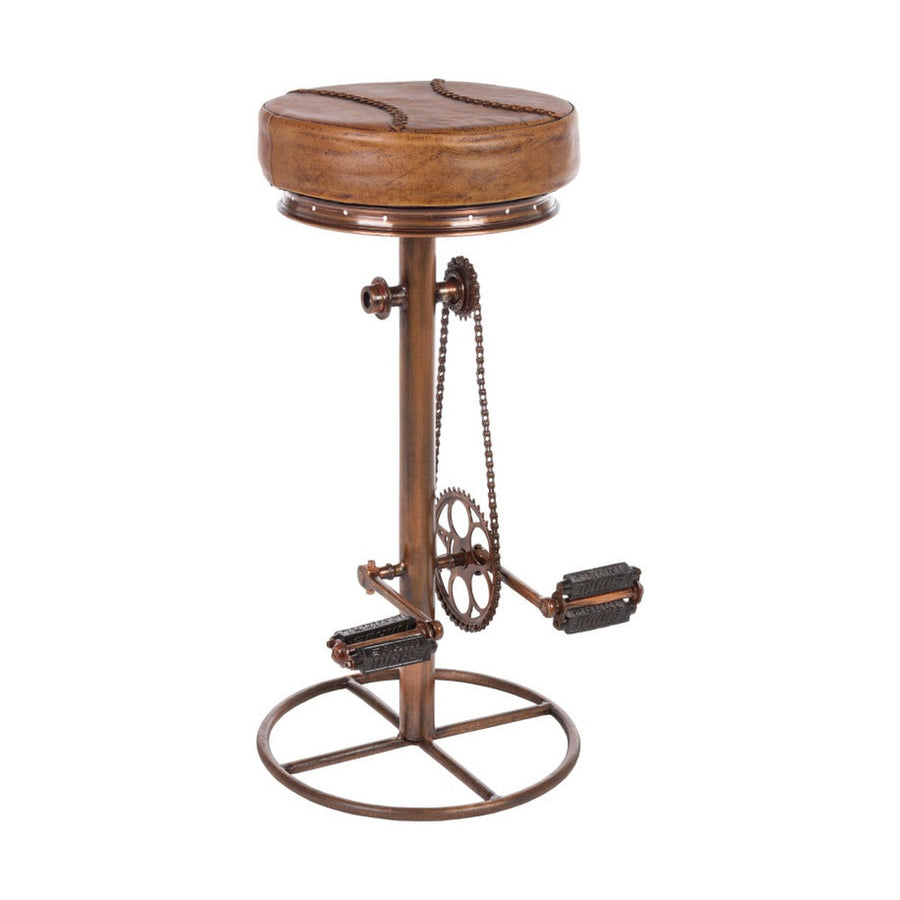 Ipari stílusú, bronz színű, fémből készült pedálos bárszék bőr ülőfelülettel.