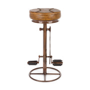 Ipari stílusú, bronz színű, fémből készült pedálos bárszék bőr ülőfelülettel.