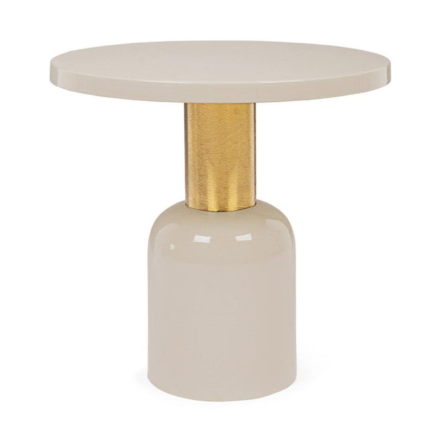 Kortárs, zománcozott acélból készült, krémfehér és arany színű kerek kisasztal.