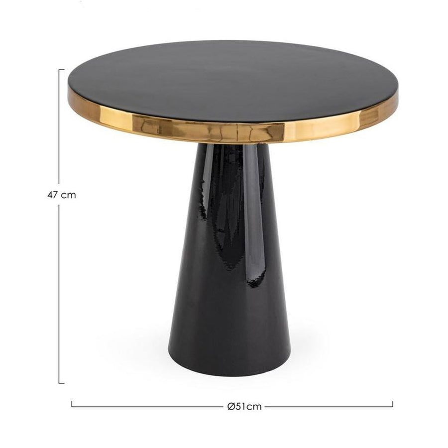 Glamour stílusú, zománcozott felületű fekete arany színű modern kisasztal méretekkel.