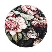 Acélból készült kisasztal arany színű lábakkal és virágmintás zománcfestéssel a fedlapján.