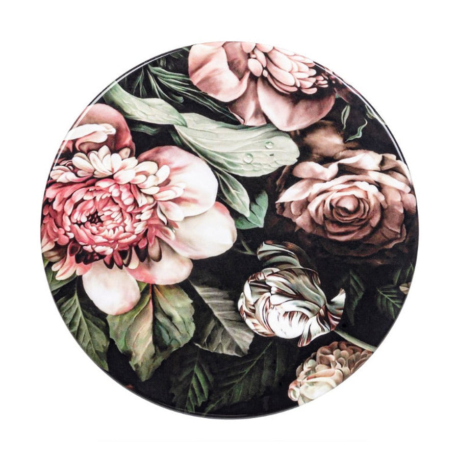 Acélból készült kisasztal arany színű lábakkal és virágmintás zománcfestéssel a fedlapján.