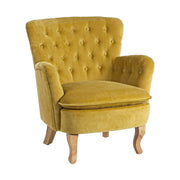 Vintage stílusú, mustársárga színű, bársonyhatású pamutszövettel kárpitozott fenyőfa fotel.