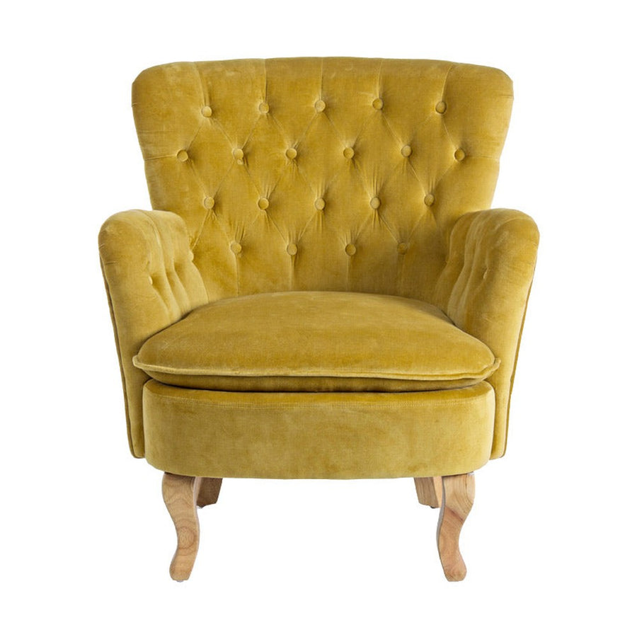 Vintage stílusú, mustársárga színű, bársonyhatású pamutszövettel kárpitozott fenyőfa fotel.