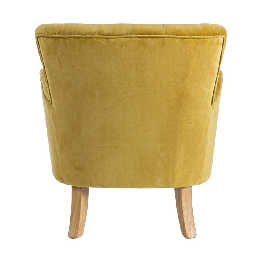 Vintage stílusú, mustársárga színű, bársonyhatású pamutszövettel kárpitozott fenyőfa fotel.