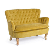 Vintage stílusú, fenyőfából készült, mustársárga színű, bársonyhatású kanapé.