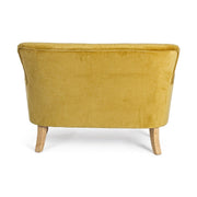 Vintage stílusú, fenyőfából készült, mustársárga színű, bársonyhatású kanapé.