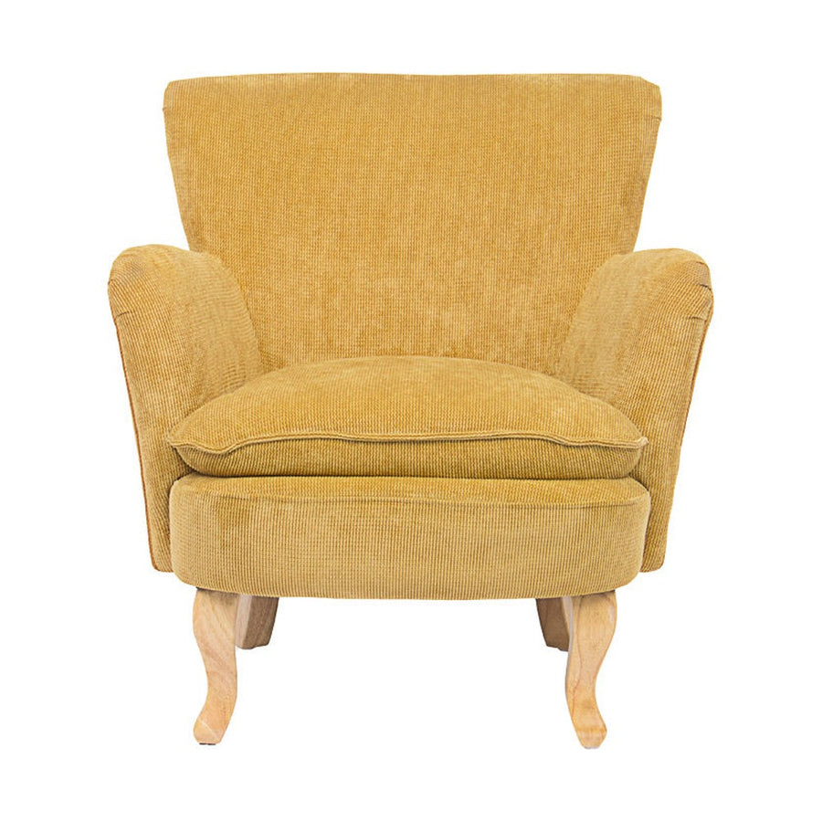 Retró stílusú, okkersárga színű, kordbársony-hatású szövettel kárpitozott kaucsukfa fotel.