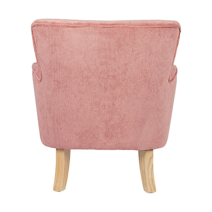 Retró stílusú, púderrózsaszín színű, kordbársony-hatású szövettel kárpitozott kaucsukfa fotel.