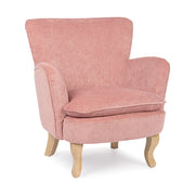 Retró stílusú, púderrózsaszín színű, kordbársony-hatású szövettel kárpitozott kaucsukfa fotel.