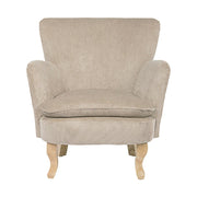 Retró stílusú, taupe színű, kordbársony-hatású szövettel kárpitozott kaucsukfa fotel.