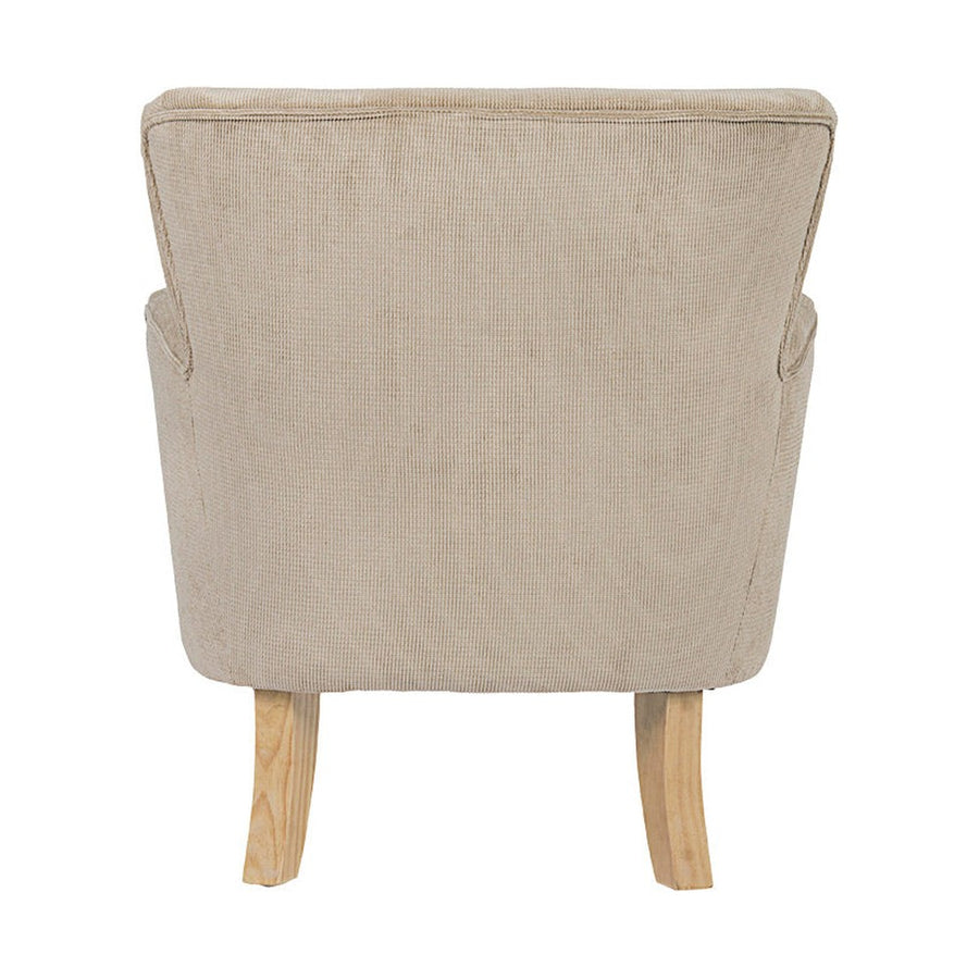 Retró stílusú, taupe színű, kordbársony-hatású szövettel kárpitozott kaucsukfa fotel.