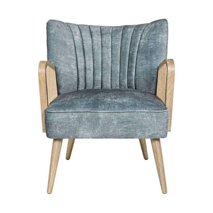 Retró stílusú, világoskék bársonyhatású szövettel kárpitozott kaucsukfa klubfotel.