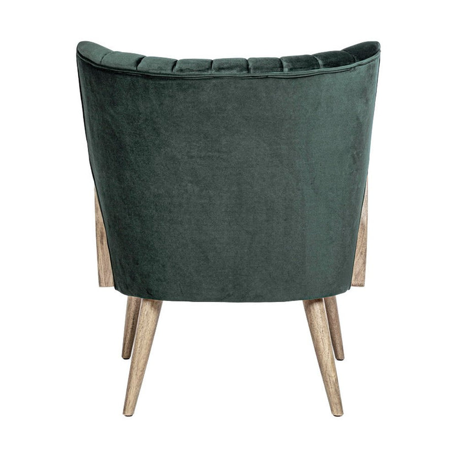 Retró stílusú, sötétzöld bársonyhatású szövettel kárpitozott kaucsukfa klubfotel.