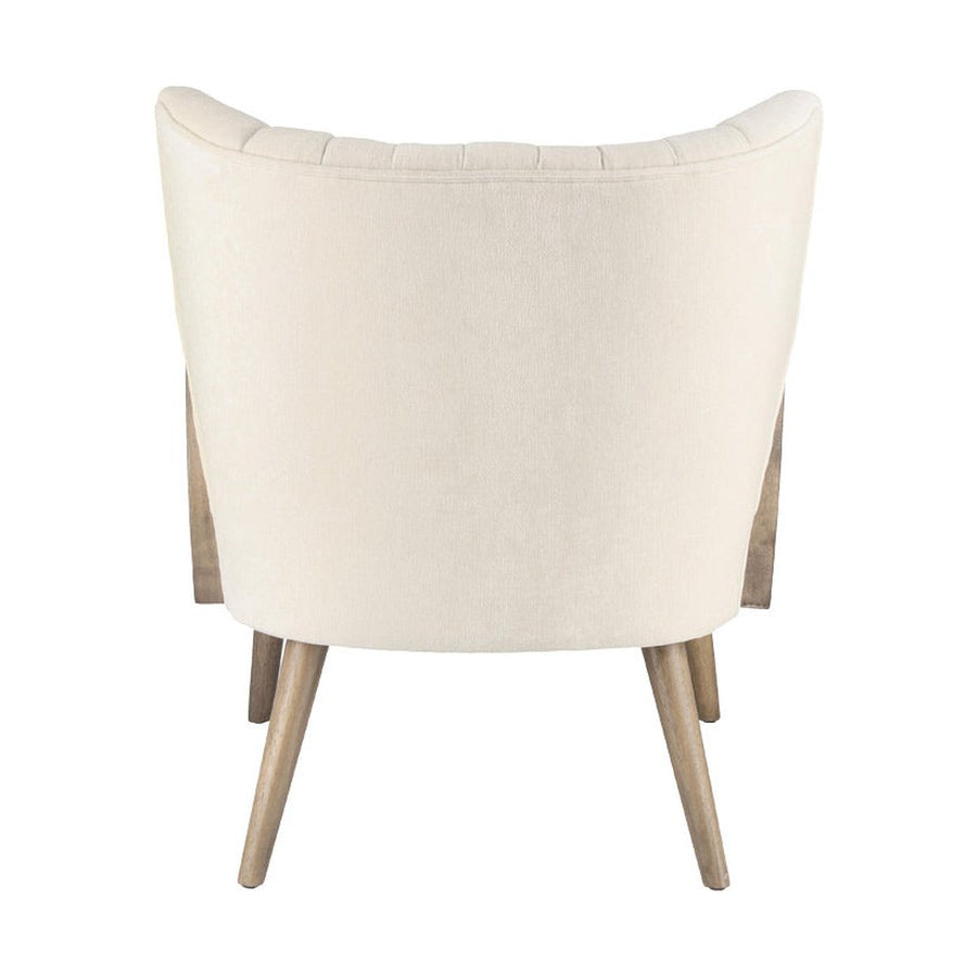 Retró stílusú, fehér színű bársonyhatású szövettel kárpitozott kaucsukfa klubfotel.