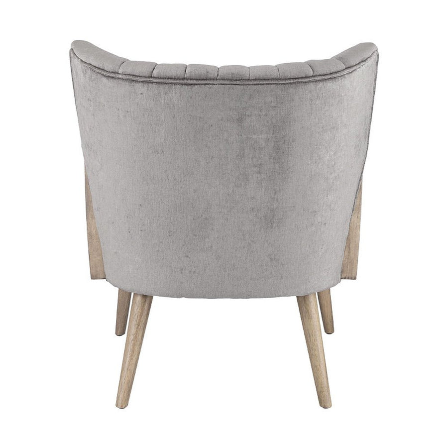 Retró stílusú, világosszürke bársonyhatású szövettel kárpitozott kaucsukfa klubfotel.