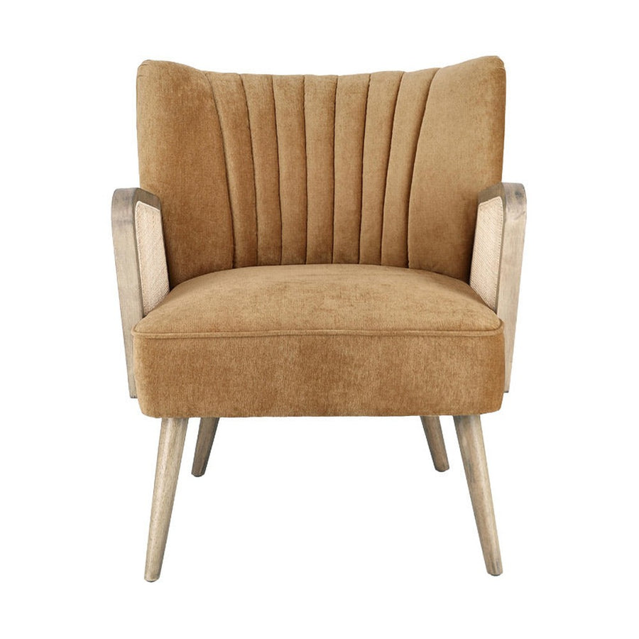 Retró stílusú, mustársárga bársonyhatású szövettel kárpitozott kaucsukfa klubfotel.