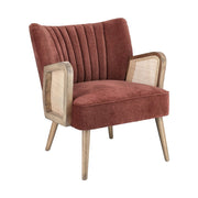 Retró stílusú, téglavörös színű bársonyhatású szövettel kárpitozott kaucsukfa klubfotel.