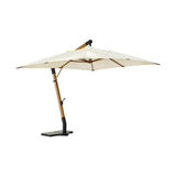 Fa- és acélszerkezetes design napernyő, ekrü színű poliészter ponyvával.