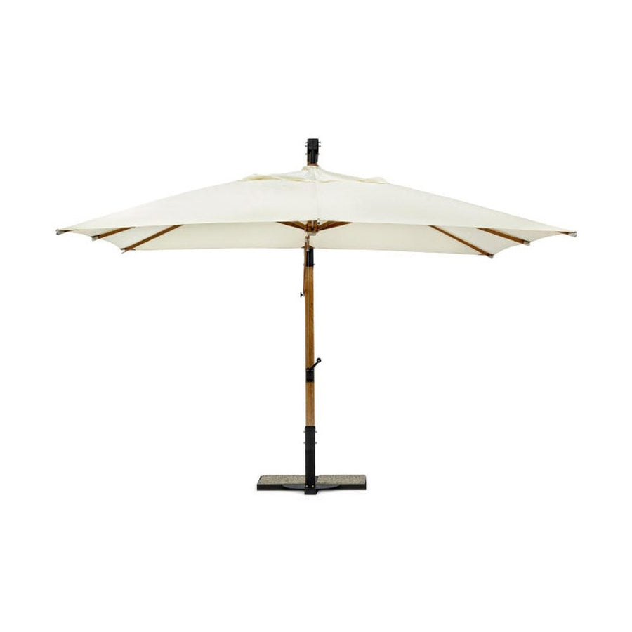 Fa- és acélszerkezetes design napernyő, ekrü színű poliészter ponyvával.