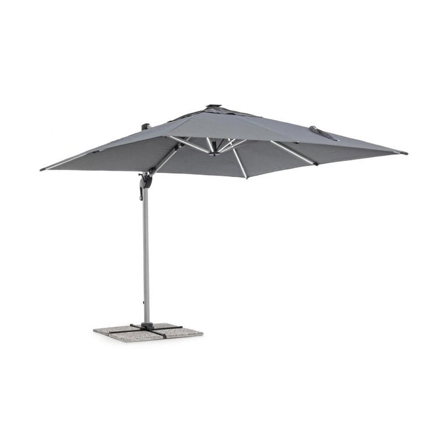 Eloxált alumíniumvázas design napernyő beépített LED világítással, sötétszürke poliészter ponyvával. 