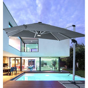 Eloxált alumíniumvázas design napernyő beépített LED világítással, sötétszürke poliészter ponyvával. 