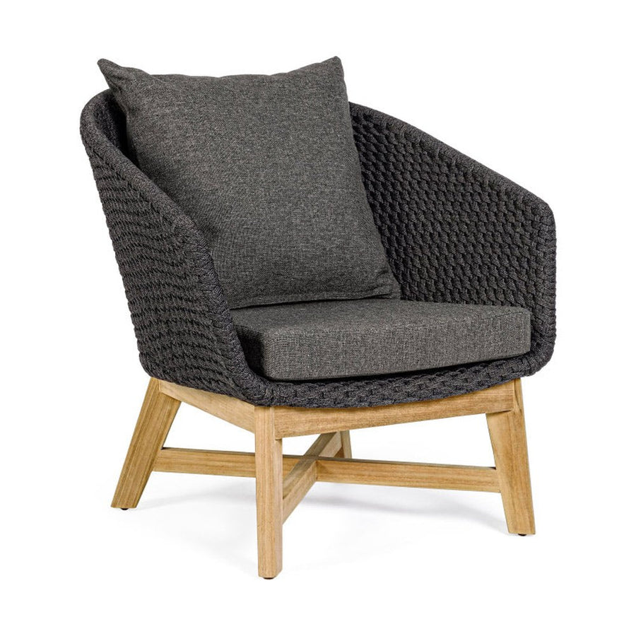 Prémium kategóriás, design kerti fotel sötétszürke színű párnákkal.