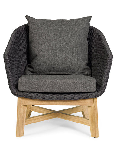 Prémium kategóriás, design kerti fotel sötétszürke színű párnákkal.