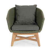 Design kerti fotel, olajzöld olefin kötélszövéssel, szürke színű ülő és hátpárnákkal.