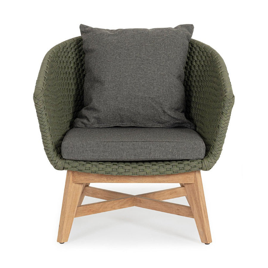 Design kerti fotel, olajzöld olefin kötélszövéssel, szürke színű ülő és hátpárnákkal.