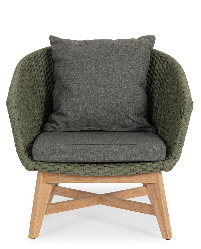 Design kerti fotel, olajzöld olefin kötélszövéssel, szürke színű ülő és hátpárnákkal.