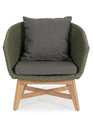 Design kerti fotel, olajzöld olefin kötélszövéssel, szürke színű ülő és hátpárnákkal.
