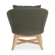 Design kerti fotel, olajzöld olefin kötélszövéssel, szürke színű ülő és hátpárnákkal.